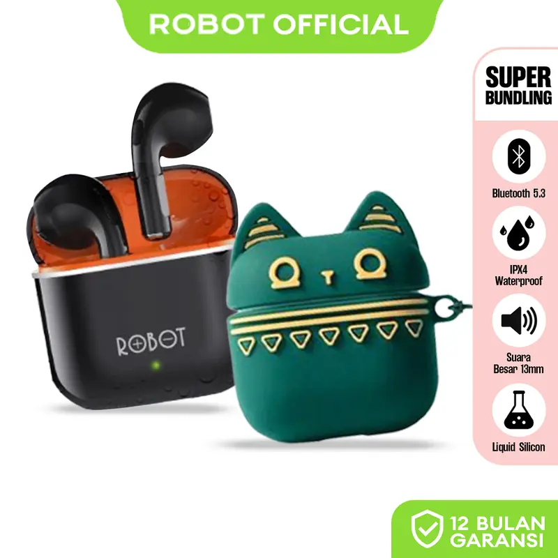 Paket Bundling Robot TWS Wireless Earphone Airbuds New T50S dan case T50S Original BT 5.3 True Wireless Headset Bluetooth Earbuds IPX4 WaterProof - Garansi 1 Tahun [ BISA COD ] Suara ngeBass Smart Headphones 0