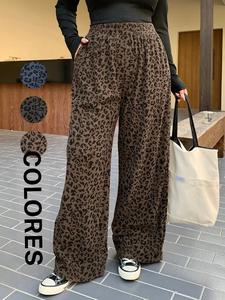 Pantalones de Talla Grande para Mujer con Cintura Elástica de Pana y Estampado de Leopardo, Corte Suelto, Color Café, Todas las Estaciones, Regreso a Clases, Pantalones Largos Casuales para Citas