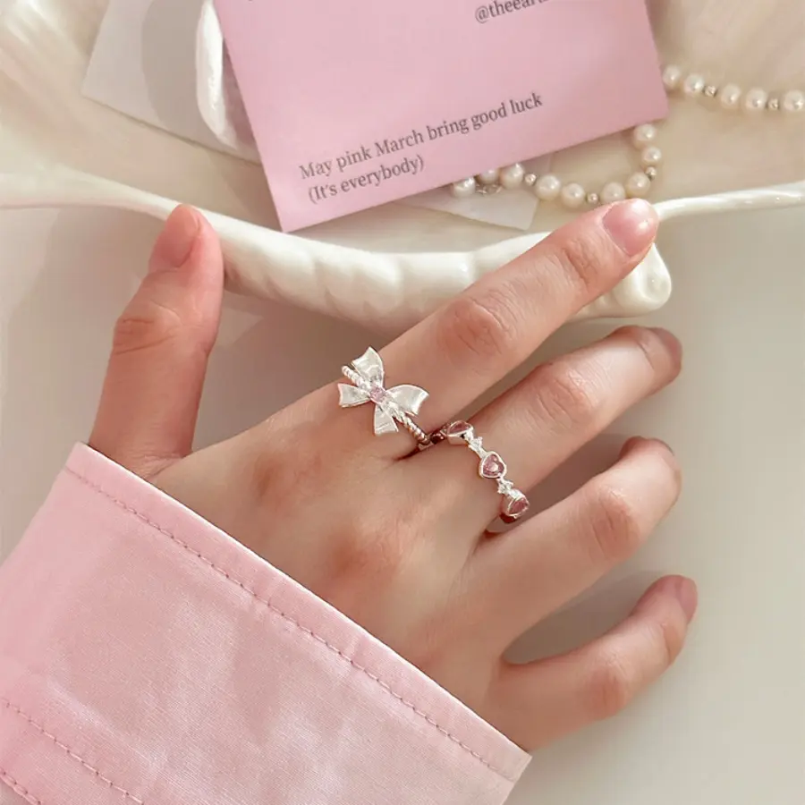 Nhẫn Tình Yêu Màu Hồng Ngọt Ngào Cho Nữ, Nhẫn Mở Nơ Thanh Lịch Và Thanh Lịch, Nhẫn Có Chỉ Số, Hợp Thời Trang