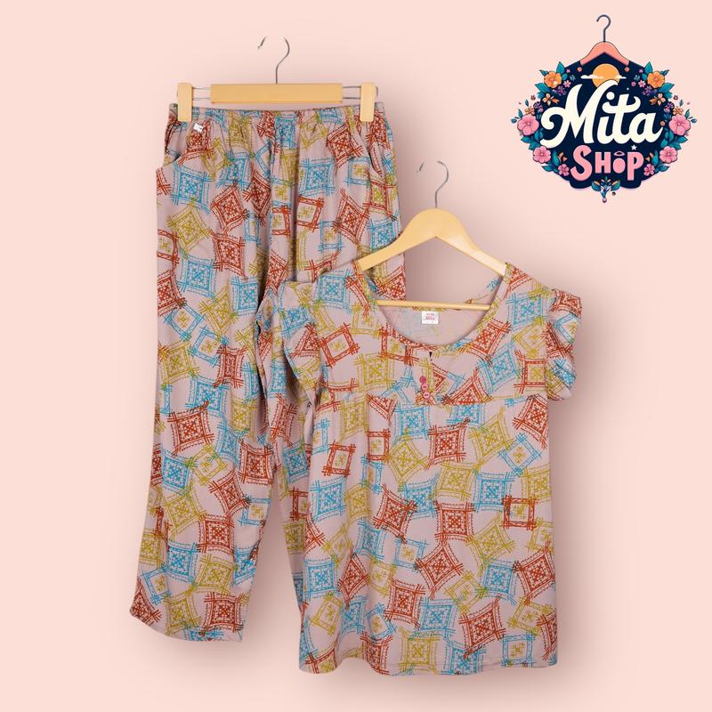  Đồ Bộ Trung Niên Tole Nhung Quần 9 Tấc Tay Cánh Tiên Họa Tiết Hoa Lá - Big Size 49-90kg Mềm Mịn Thoáng Mát | Quần Áo Nữ Women 