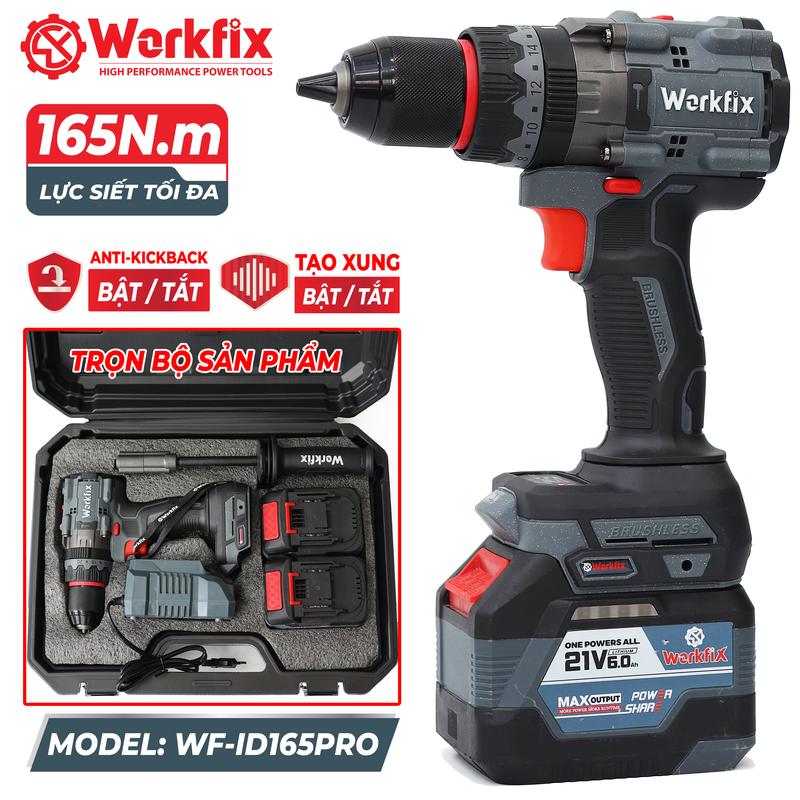 Máy Khoan 3 Chức Năng 165N.m Workfix - WF-ID165PRO - Đầu Kẹp 13mm Auto Lock - Anti Kickback - Có Tạo Xung Vô Cấp - Tính Năng Eco-Tubo  - Brushless Motor - Chân Pin Phổ Thông - 2 Pin 15 Cell PLUS - Có Tay Cầm Trợ Lực - Bảo Hành Chính Hãng 6 Tháng