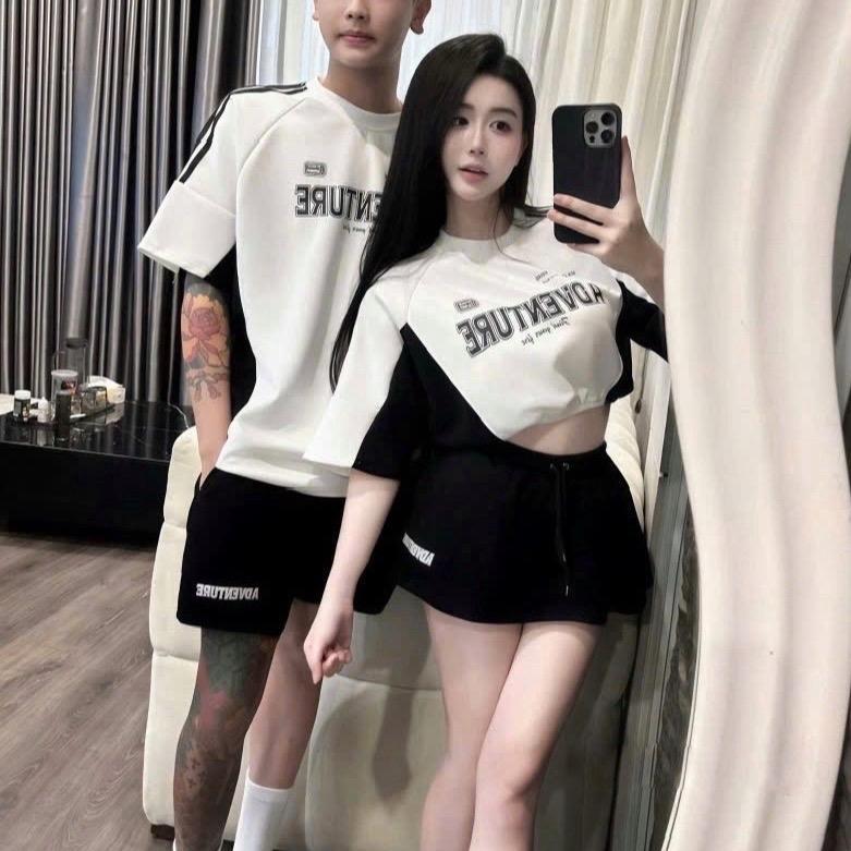 SET ĐÔI NAM NỮ DÁNG ÁO NGẮN MIX CHÂN VÁY NAM ÁO PHÔNG QUẦN CỘC