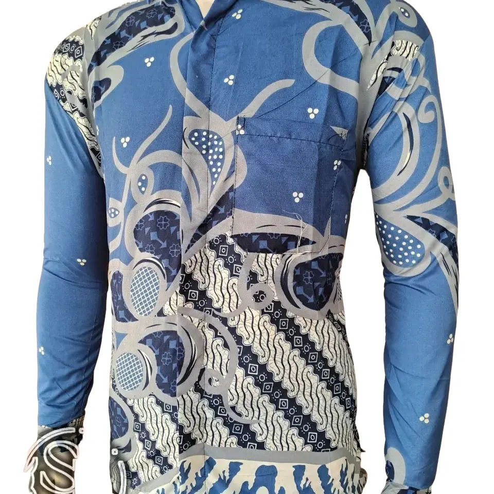 Kemeja Panjang Gie Batik Formal Casual Modern Stylist Kain Katun Halus Tebal Motif Nyaman Pria Santai Garis Mewah Keren Pendek Baju Fit Slim Biru Navy
