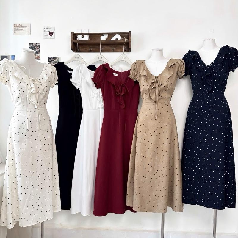 KIM | Đầm cổ V bèo tay búp bo chun dáng midi xoè dài cột nơ sau nữ tính nàng thơ ngọt ngào