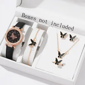 Jam Tangan Kuarsa Wanita Bergaya Berlian Berlian Kupu-kupu Dial PU Tali Kulit  Quartz Watches Kaca Set Perhiasan Kupu-kupu Hadiah Gratis (Tanpa Kotak)