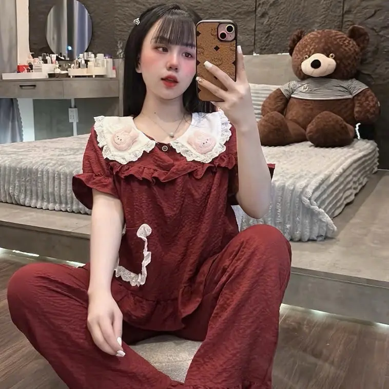 (Màu Pastel) Bộ Ngủ Nữ, Bộ Pijama Mặc Nhà Nữ Chất Đũi Gạo Nhiều Màu Mịn Mềm, Thấm Hút Tốt, Áo Ngủ Phối Ren Tiểu Thư Quần Ngủ Freesize Women Nhung Voi Kem Tim Nho đũi  xốp 6