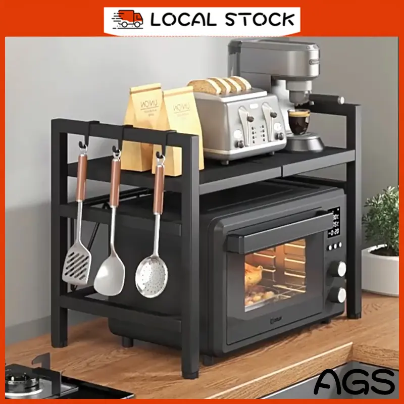 Adjustable Microwave Oven Oven Kitchen Rack Storage Shelf Organizer Rack With Free 6 Hooks Spice Rack Metal Expandable Steel Steel