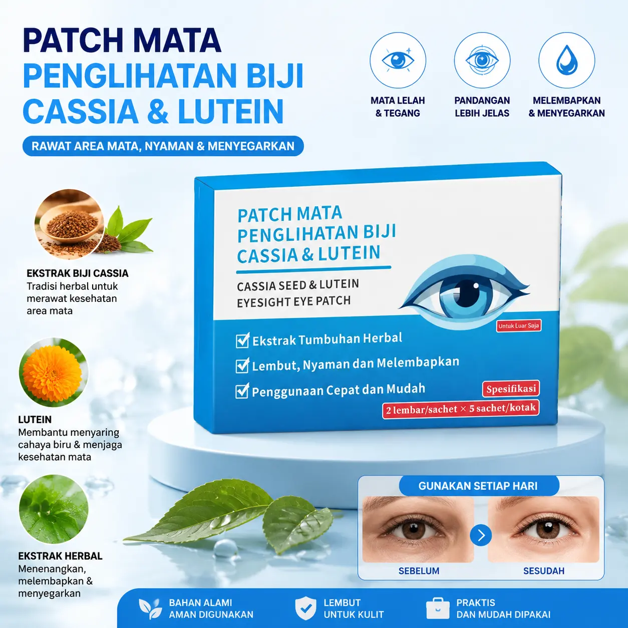 Patch mata herbal, membantu memberikan rasa nyaman pada area mata, melembapkan kulit sekitar mata, dan praktis digunakan kapan saja untuk membantu mengurangi rasa lelah setelah aktivitas harian.