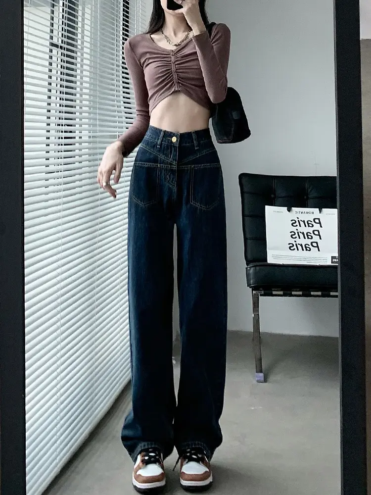 American Retro Celana Jeans Panjang Wanita Highwaist Causual Baggy Straight Wide Leg Jeans Import Street Style Denim Pants