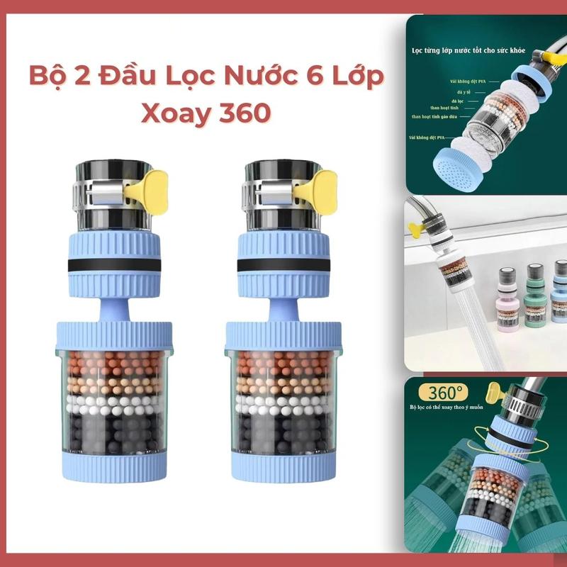 Loại xịn Bộ 02 đầu lọc nước tại vòi loại lớn 6 tầng xoay 360 chịu nhiệt đến 60 độ C - hỗ trợ lọc cặn bẩn.