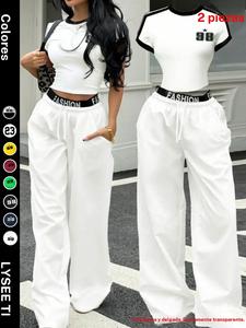Conjunto de dos piezas para mujer estilo chica europea y americana, top corto de rayas en contraste blanco y negro+pantalones de pierna ancha con cintura con letras