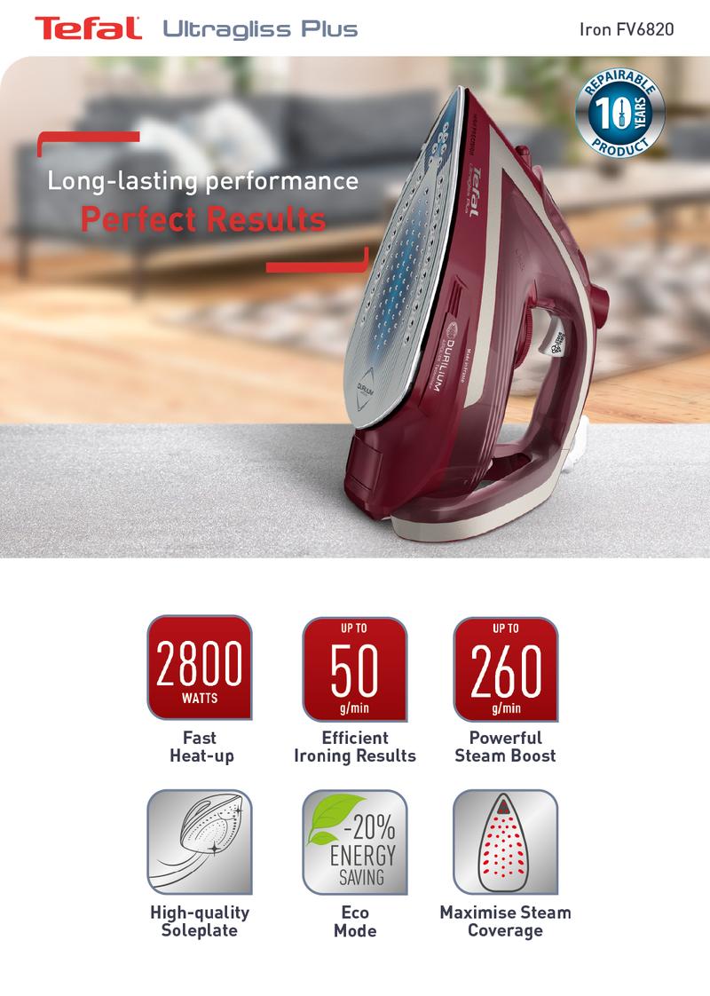 Product Introduction of Tefal Steam Iron Ultragliss Plus (Red) FV6820 1