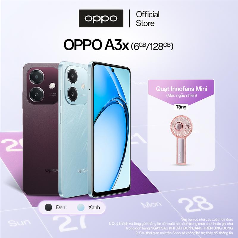Điện Thoại OPPO A3x (6GB/128GB) | Tặng Kèm Quạt Cầm Tay InnoFans Mini | Bền Bỉ | Kháng Đa Chất Lỏng | Sạc Nhanh 45W | Bảo Hành 1 Năm | Hàng Chính Hãng