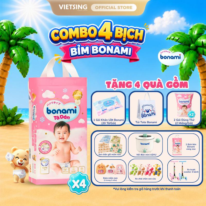 Thùng 4 Bịch Bỉm Bonami Siêu Thấm Hút Mềm Mại An Toàn Cho Bé Từ 2kg-35kg Đủ Size NB-4XL