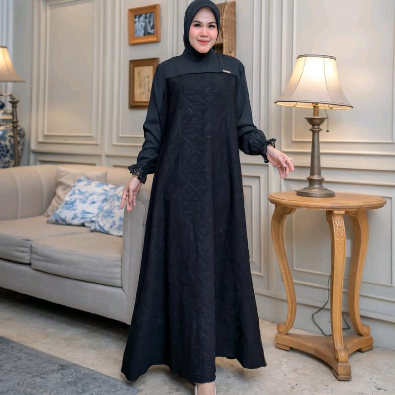 Zahra Dress jetblack premium original by saideofficial / pakaian dress gamis muslim wanita Hitam Polos Kantong Lembut Mutiara Outer Semi Panjang Mewah Kancing Maxi Pesta Kancing 2