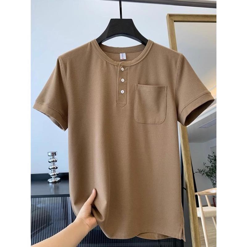 Áo phông nam cổ tàu 3 cúc túi ᵰgực Menswear Cotton mới nḣất Pique Cộc Tay 2