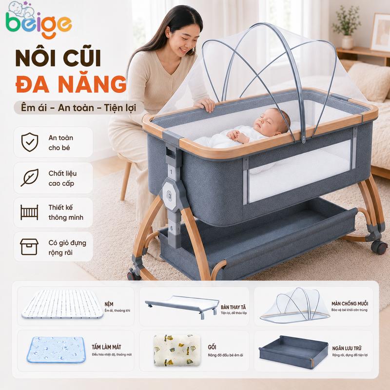 Beige Nôi Đa Năng , giường ngủ cho bé, Ghép Giường, Chống Trào Ngược | An Toàn…