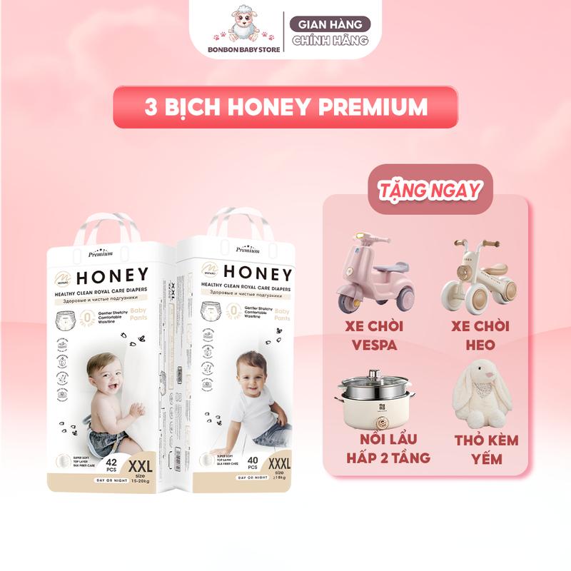   3 BỊCH KÈM QUÀ  Bỉm Tã Dán Quần HONEY PREMIUM Chính Hãng Siêu Mềm Mịn Size NB - XXXXL Chống Tràn Thấm Hút Tốt 