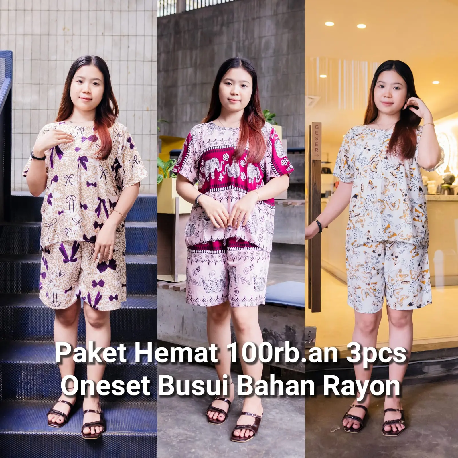 Paket Hemat BUSUI COD 3pcs Setelan pendek Wanita Busui Friendly dengan Resleting yang nyaman ld 110an Celana Karet  Rayon Lembut