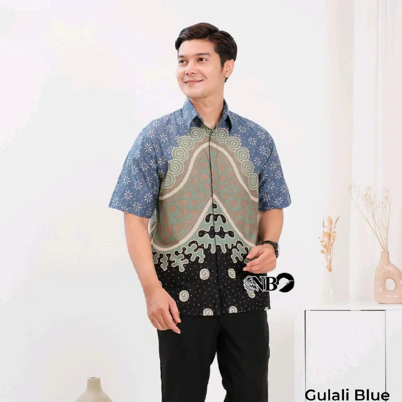 Kemeja Batik Pria Lengan Pendek Biru Katun Seragam Hem Atasan Motif Kancing Baju Navy - Size M L XL XXL - Panjang, Kerja 8