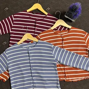 Salur Stripe Cardigan Rajut Wanita Atasan Garis Kancing