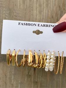 Set de 6 pares de aretes de aro para mujer, elegantes con decoración de perla falsa, diseño geométrico y de torsión, aretes de aro casuales y modernos, joyería a la moda para mujer para decoración diaria