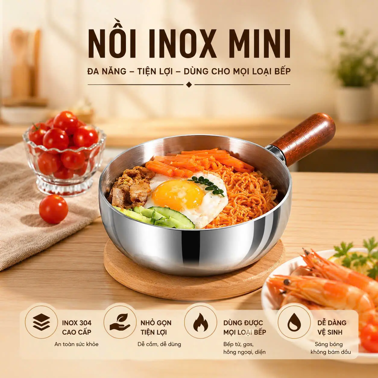 Nồi Inox 304 Mini KT14cm Loại 1 Tay Cầm Cán Gỗ Cao Cấp Bát Mì Tức Thì Salad Súp Lẩu Ăn Dặm An Toàn Thực Phẩm Tiện Lợi A2