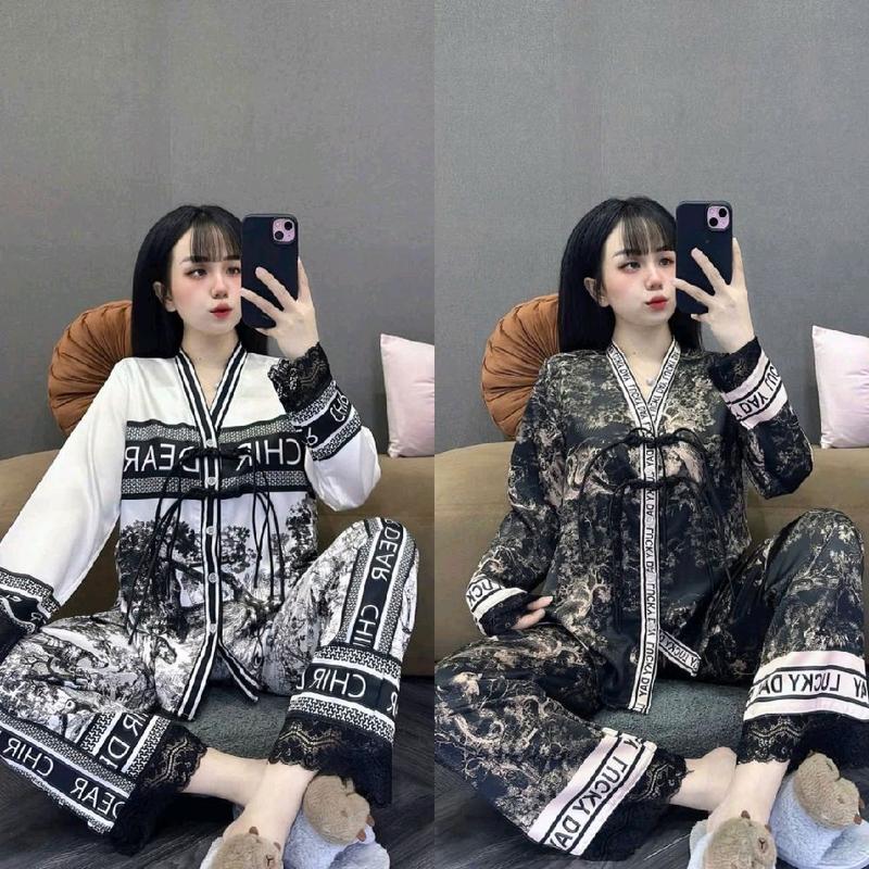   BIGSIZE 75_140KG  Mẫu mới về Set đồ bộ pyjama tay dài tiểu thư nut thắc lụa xước va latinh phối ren tơ nhiều màu xinh Thắt 
