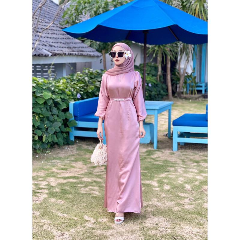 RINJANI DRESS GAMIS SATIN SILK TERMURAH PAKAIAN WANITA MUSLIM DRESS REMAJA PREMIUM FREE BELT PAYET DRESS POLOS MEWAH SIMPLE TERBARU 5