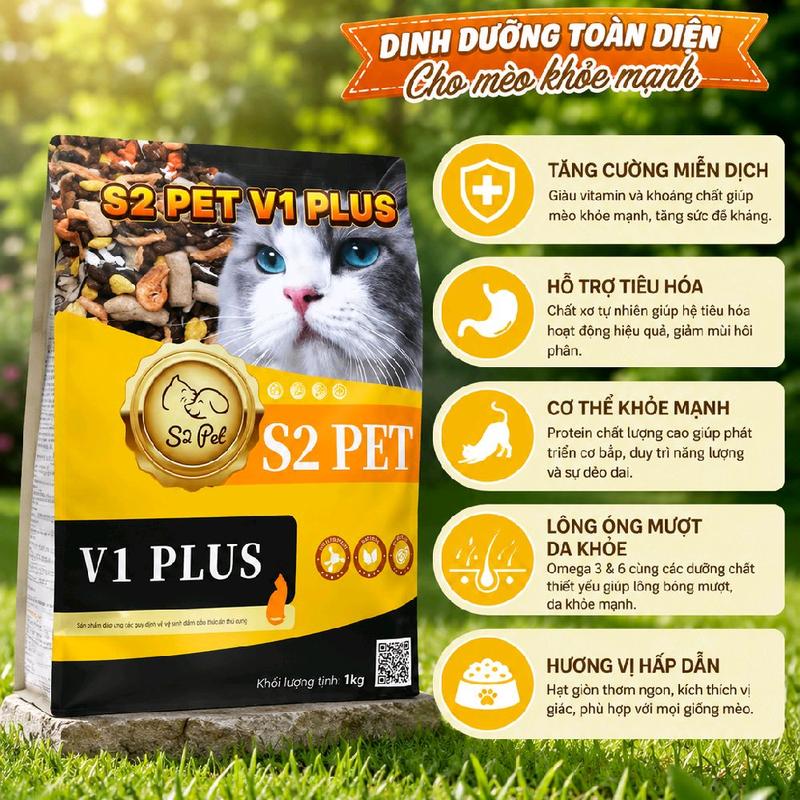 Thức Ăn Mèo S2PET 5KG V1 Plus Dinh Dưỡng Toàn Diện Tăng Cường Miễn Dịch & Hỗ Trợ Tiêu Hóa Cho Mèo Khỏe Mạnh