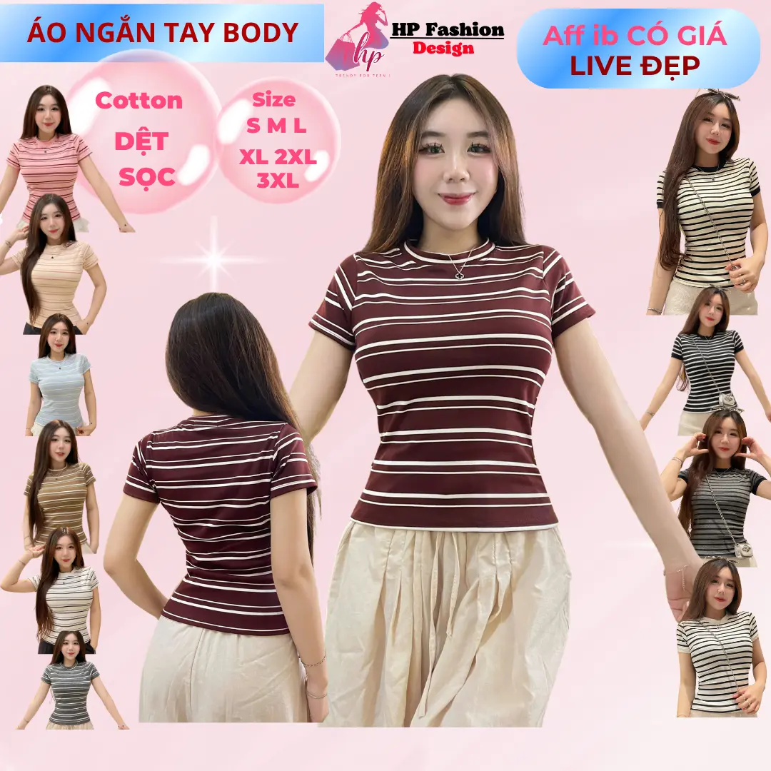 Áo thun sọc viền nữ chiết eo basic cổ tròn, áo phông nữ ôm body cộc ngắn tay vải cao cấp co giãn 2 chiều size S M L XL 2XL 3XL   có bigsize  HP52