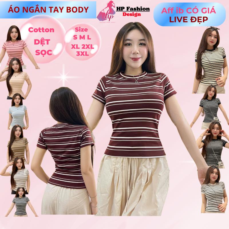   TAY DÀI Ở CUỐI  Áo thun sọc viền nữ chiết eo basic cổ tròn áo phông nữ ôm body cộc ngắn tay vải cao cấp co giãn 2 chiều size S M L XL 2XL 3XL   có bigsize  HP52 