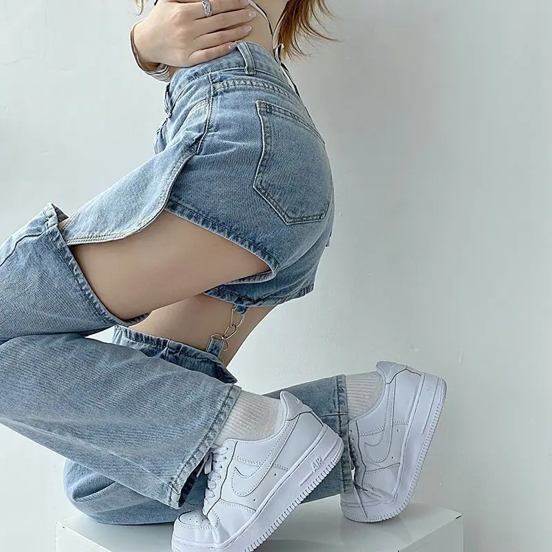 66TT Dress Darling LLJNZ001 Celana Jeans Robek Dua Potong Palsu Celana Jeans Desain Khusus Berpinggang Tinggi Dengan Kaki Lurus