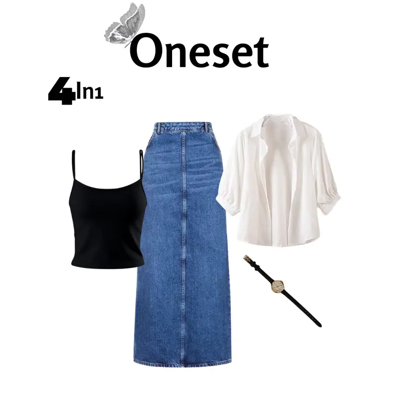 1 set outfit wanita kece [KEMEJA + ROK JEANS + TANKTOP + JAM TANGAN] tampil modis dan stylish KS0057 5