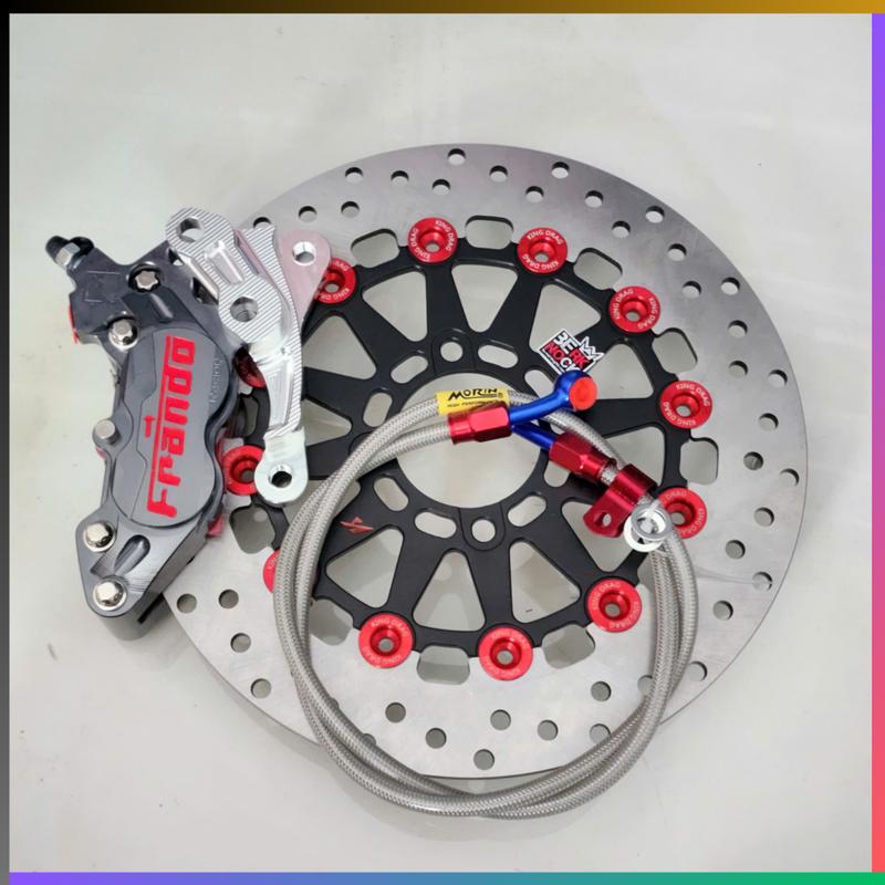 Combo Gắn Sirius 110 50cc : Heo Frando 4Pis Xám + Pad CNC + Đĩa KingDrag 267mm Màu Đen + Dây Dầu Morin Xám