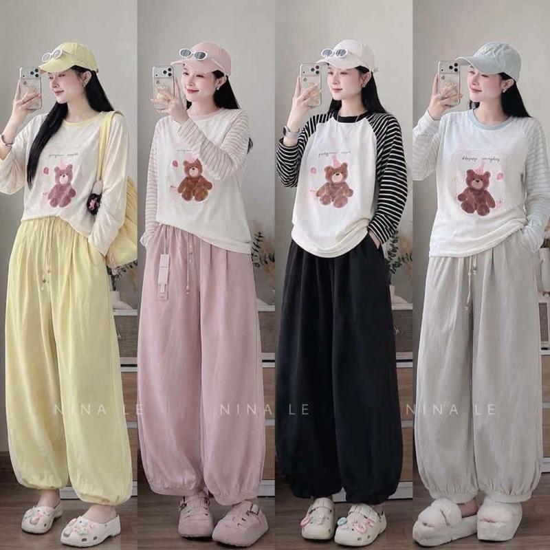 Bộ quần áo dài tay in gấu nâu tay pha kẻ quần bom đáp gấu cho nữ