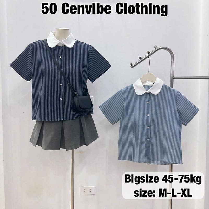 Áo Sơ Mi Nữ Kẻ Sọc Cộc Tay Phối Cổ Sen Dáng Vừa Basic Có Bigsize 45-75kg Phong Cách Korea (50 Cenvibe Clothing) #316