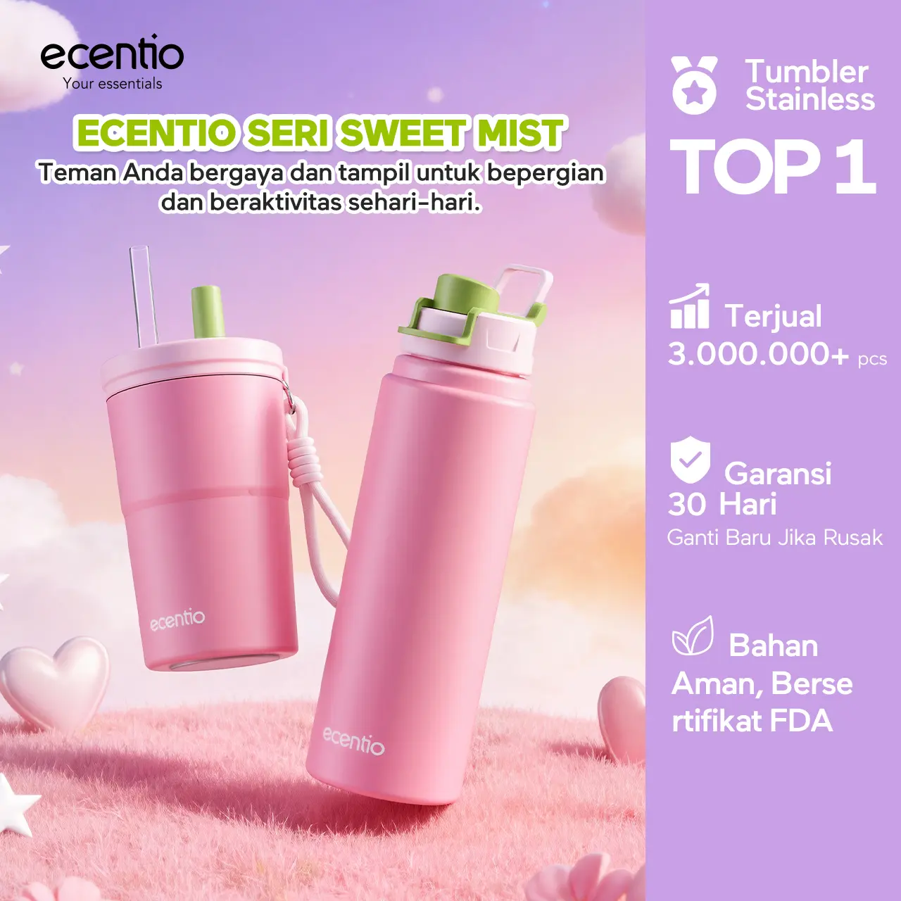 [SWEET MIST SERIES] Ecentio Botol Minum Aesthetic 500ml Tumbler Stainless Steel 304 Anti Tumpah / 750ml Botol Aluminium /500ml tumbler Dingin (Pink) - Tahan Panas 24 Jam & Dingin 10 Jam, Cocok untuk Sekolah, Kantor, Travel, dan Aktivitas Harian.