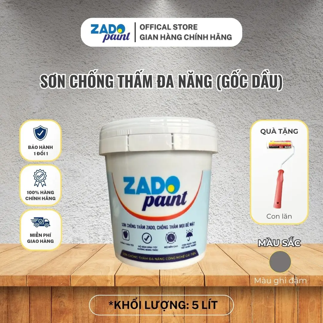 (Thùng 5kg) Sơn Chống Thấm Đa Năng Zado Paint, sơn gốc dầu, MÀU GHI ĐẬM Công Nghệ Cải Tiến, Chống Thấm Tường Xi Măng, Bê Tông, Sân Thượng, Tầng Hầm