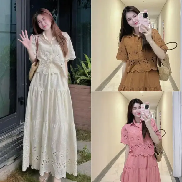 Set Thời Trang Ren Lỗ Hoa Nổi Cao Cấp QC 2 Lớp – Chân Váy Dài Thanh Lịch TOP NỮ 0