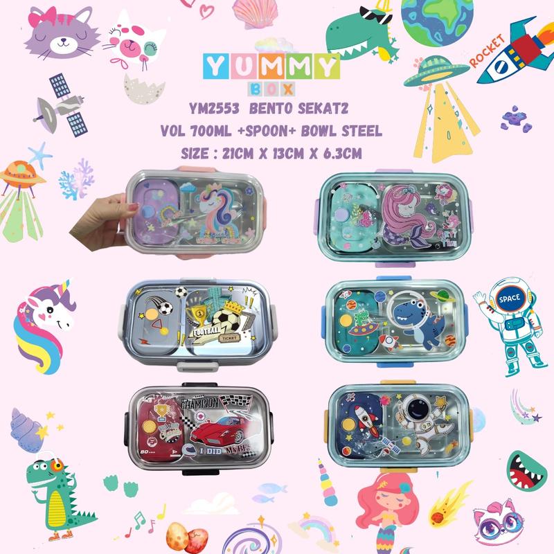 Kiddikiddo Set LUNCHBOX STAINLESS Steel YUMMY BOX SANRIO / KOTAK MAKAN Plastik /BOX BENTO/KOTAK BENTO STAINLESS SANRIO KUROMI MELODY / 3SEKAT Silicon FREE SENDOK GARPU 8