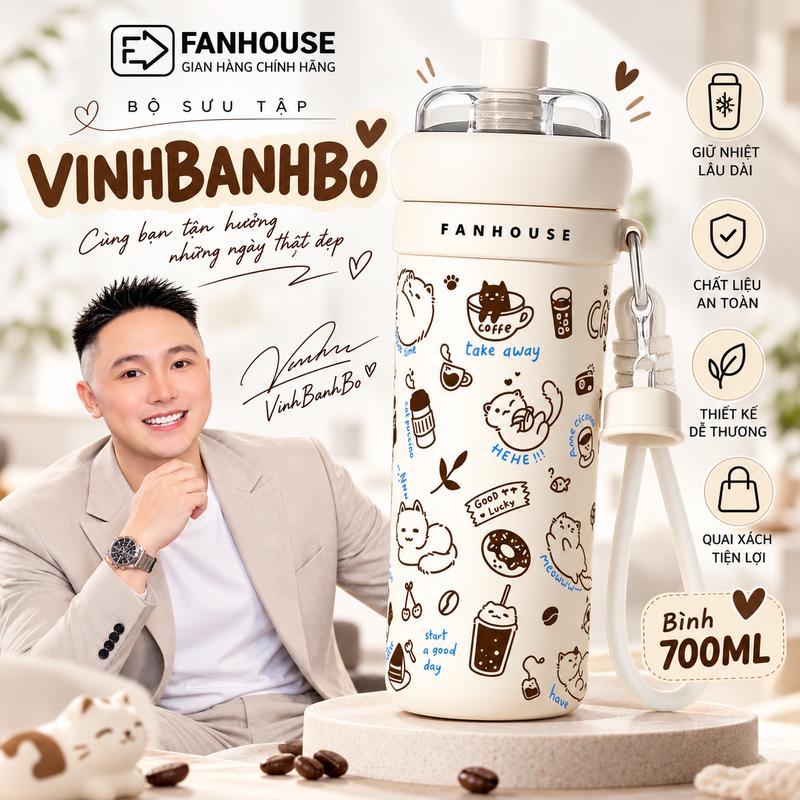 cfv Ly giữ nhiệt Milky Tea inox 316 Phủ Sứ dung tích 700ml, Fan House ly nước giữ nhiệt tặng charm giữ nút