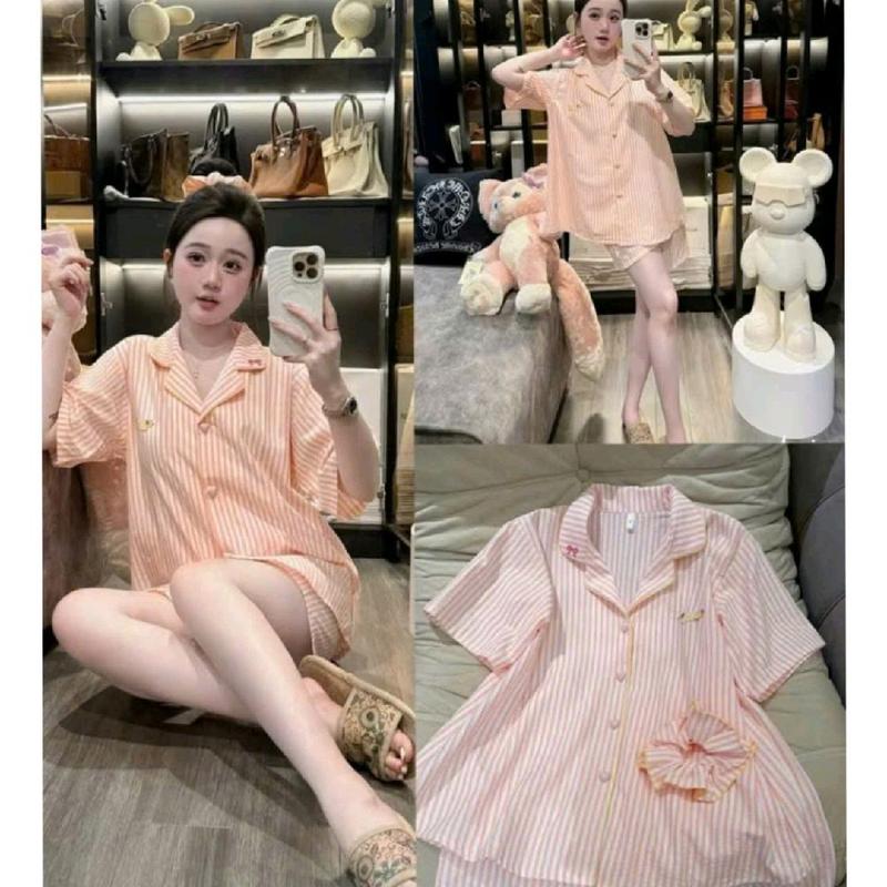 Sét bộ pyjama đùi vét sọc kèm nơ, chất đũi mềm thoáng mát