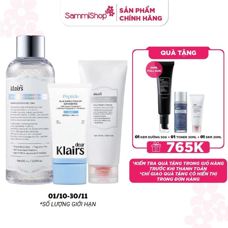 Dear, Klairs Nước hoa hồng Freshly Juiced Vitamin Essence Toner 180mL + Sữa rửa mặt Vitamin 150ml + Dear Klairs Kem chống nắng SPF50+ PA++++ 50ml