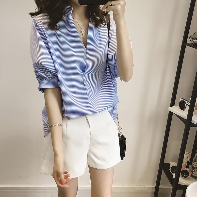 Product Introduction of M-4XL Korean Style Large Size Striped Shirt Women Casual Bat Sleeve Casual Stand Collar Blouse Top 19