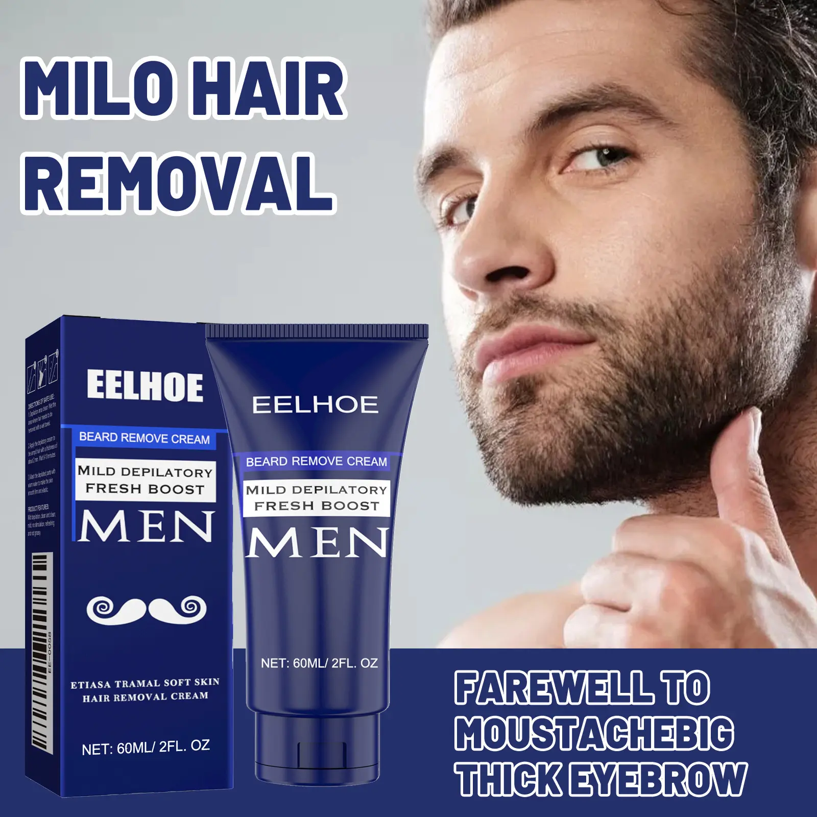 Men Hair Removal Cream, Krim Penghilang Bulu Pria, Lembut, Melembabkan Kulit, Cocok untuk Bulu Kumis & Bulu Dada