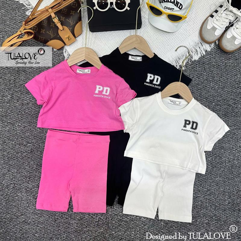 BỘ ÁO CROPTOP CỘC TAY HÌNH IN + LEGGING ĐÙI CHO BÉ GÁI TULALOVE, Combo Quần Áo Mùa Hè Cho Bé Gái