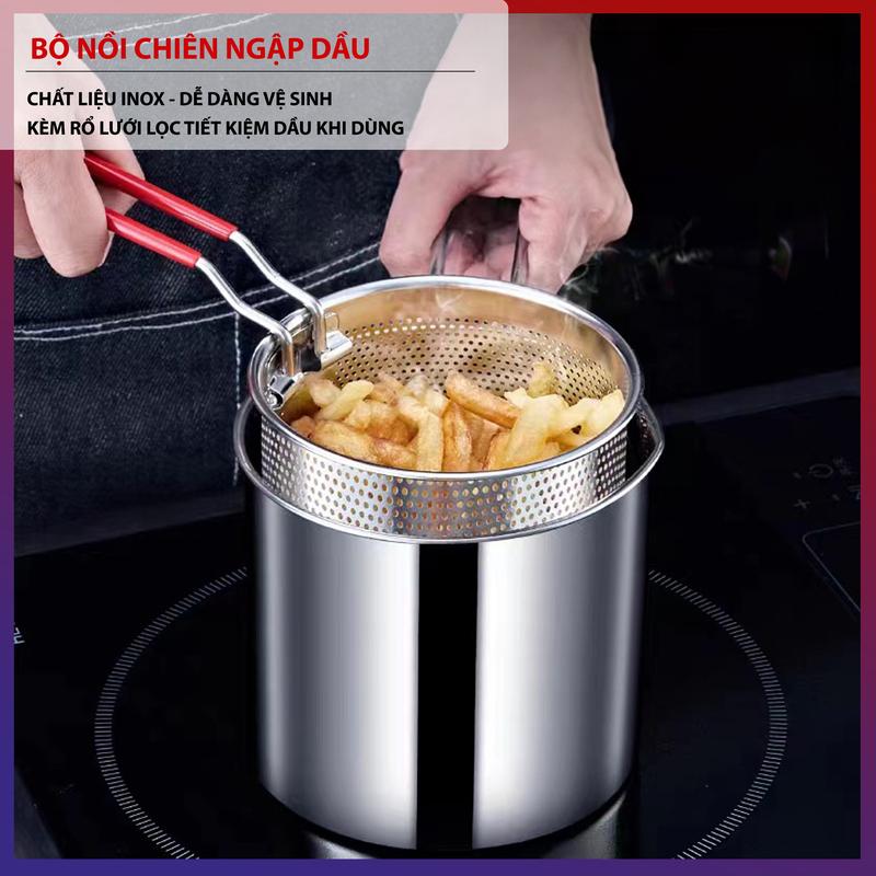 Nồi Chiên Ngập Dầu Kèm Lưới Lọc Chất Liệu Inox 304 Chống Gỉ Bộ Nồi Kèm Rổ Lọc Dầu Tiết Kiệm Dầu Chống Dính Dùng Cho Mọi Loại Bếp