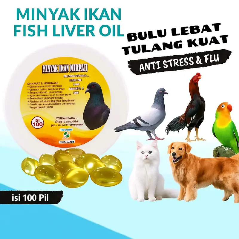 MINYAK IKAN  FISH LIVER OIL BURUNG DAN KUCING  KEMASAN 100 BUTIR Fish Oil untuk Kesehatan Kulit dan Bulu, Daya Tahan Tubuh, Kesehatan Jantung, Mengatasi Bulu Rontok 8