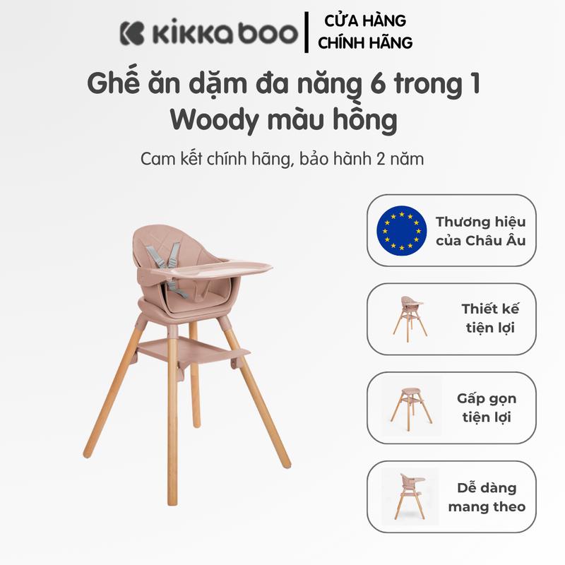 Ghế ăn dặm đa năng 6 trong 1 Woody màu hồng có dây đai 5 điểm, khay đôi & chân chống trượt cho bé